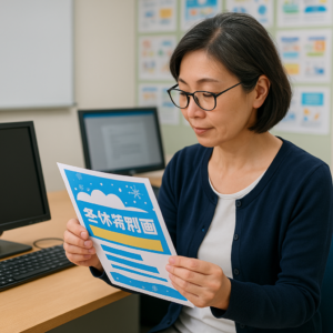 パソコン教室で女性講師が冬休み特別企画のチラシを手にして確認している様子