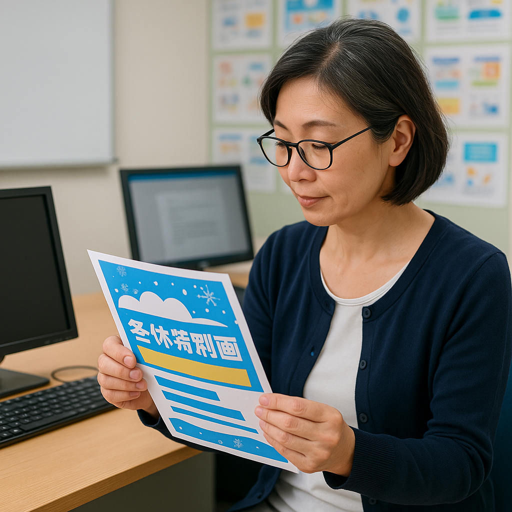 パソコン教室で女性講師が冬休み特別企画のチラシを手にして確認している様子