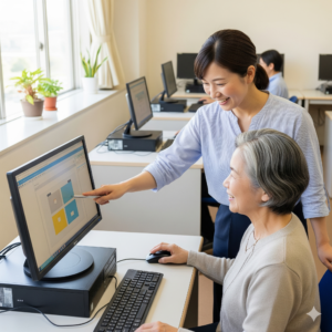 パソコン教室でインストラクターが生徒に操作方法を優しく説明している様子。初心者向けレッスンの雰囲気が伝わる場面。
