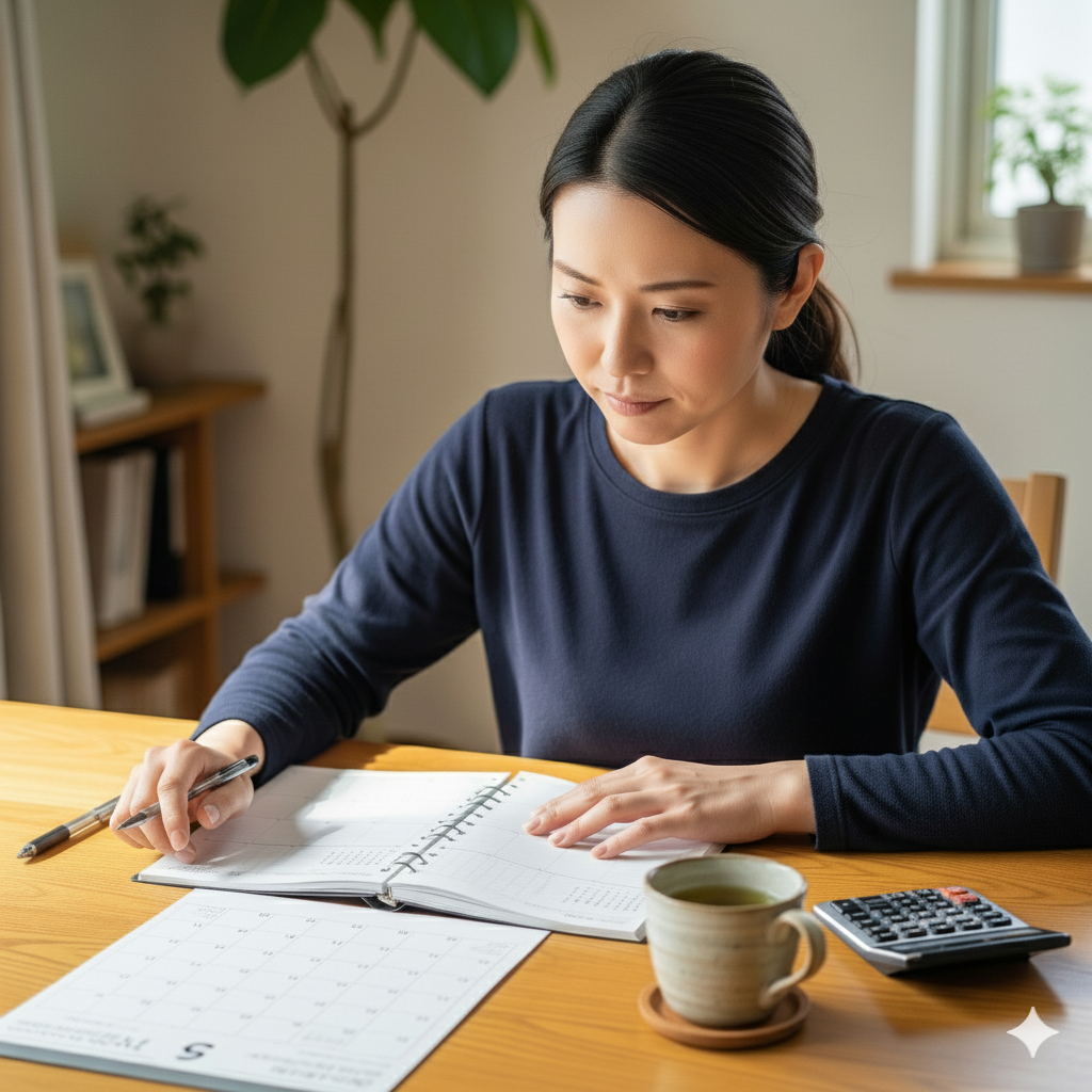 パソコン塾での勤務日数やシフトを確認しながら働き方を検討している女性。パート勤務のスケジュール調整をしている様子。