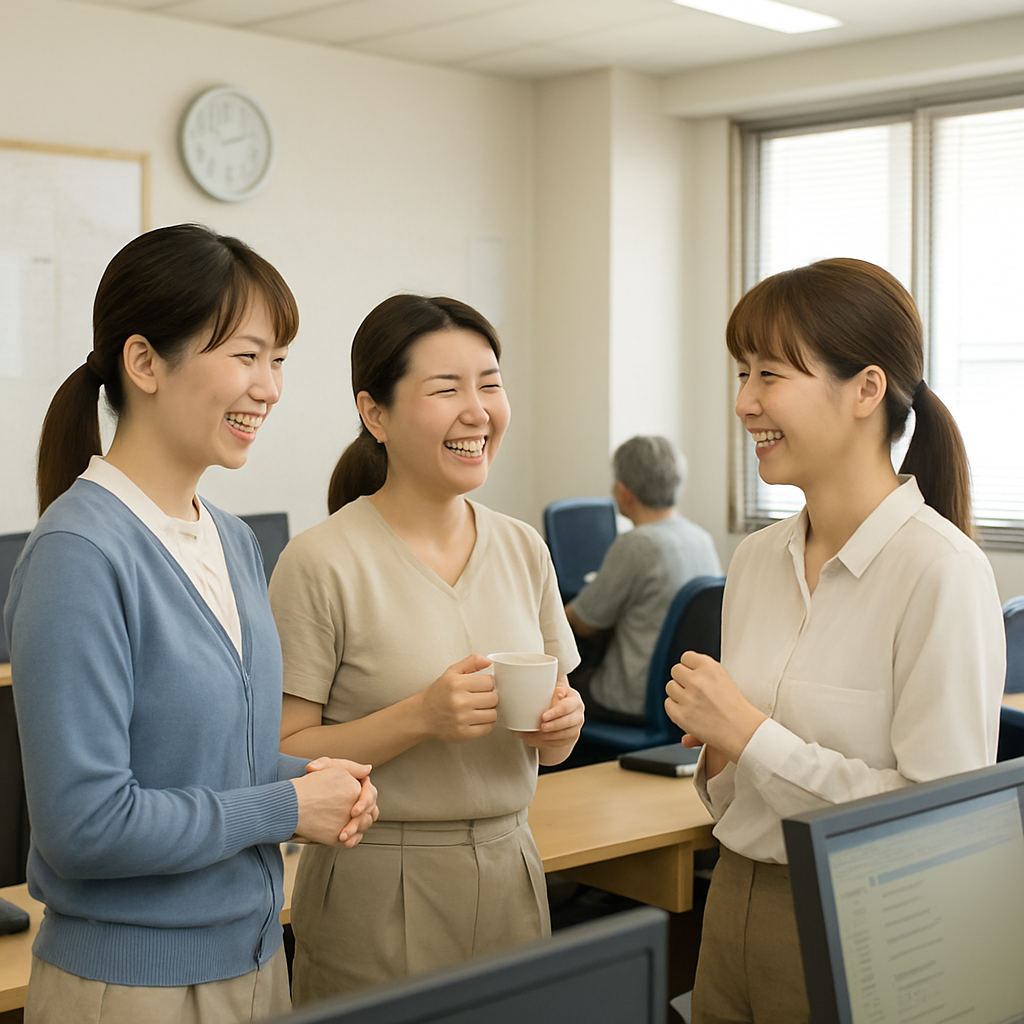 市民パソコン塾の教室で、インストラクター同士が休憩中に笑顔で会話している様子